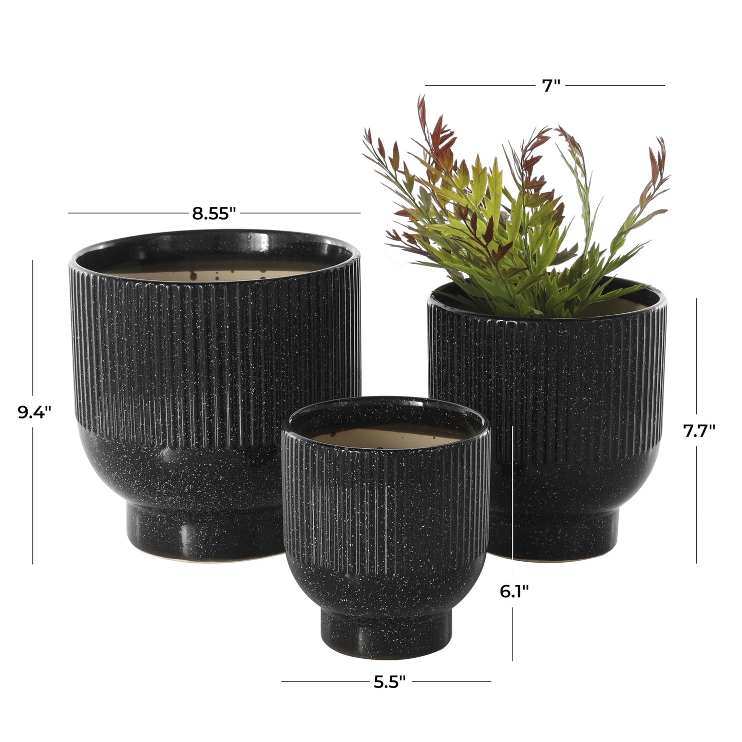 Deco 79 Ceramic Indoor Outdoor Planter Speckled Small Planter Pot with Linear Grooves and Tapered Bases, Set of 3 Planters 9", 8", 6"H, Black