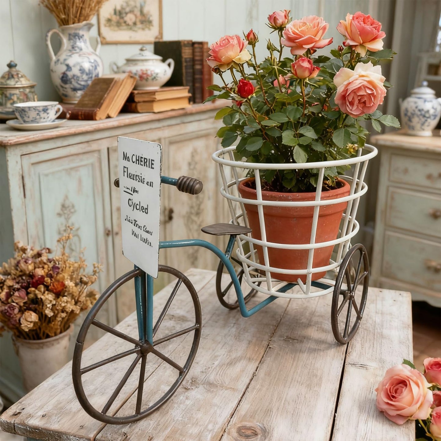 JAMIEKA Beautiful Iron Tricycle Flower Pot Holder Container with Deep Basket for Living Room Indoor Outdoor Garden Decoration