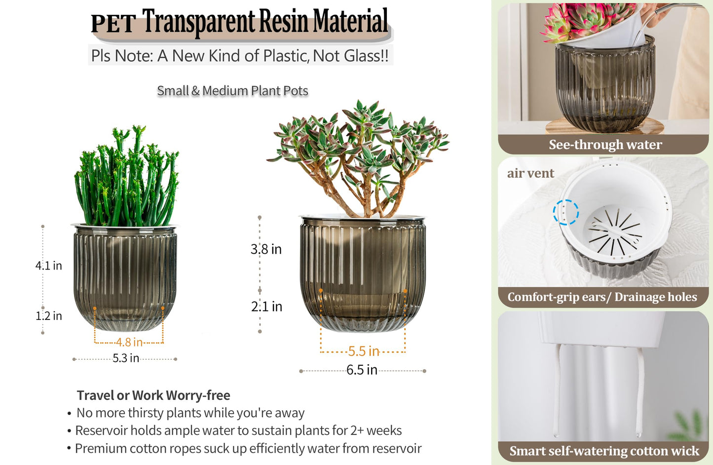 Melphoe Self Watering Pots for Indoor Plants Planter, 6.5/5.3 Inch 2 Pack Planters Self Watering Plant Pots for Flower, Houseplants, Succulent, African Violets and Cactus with Drainage