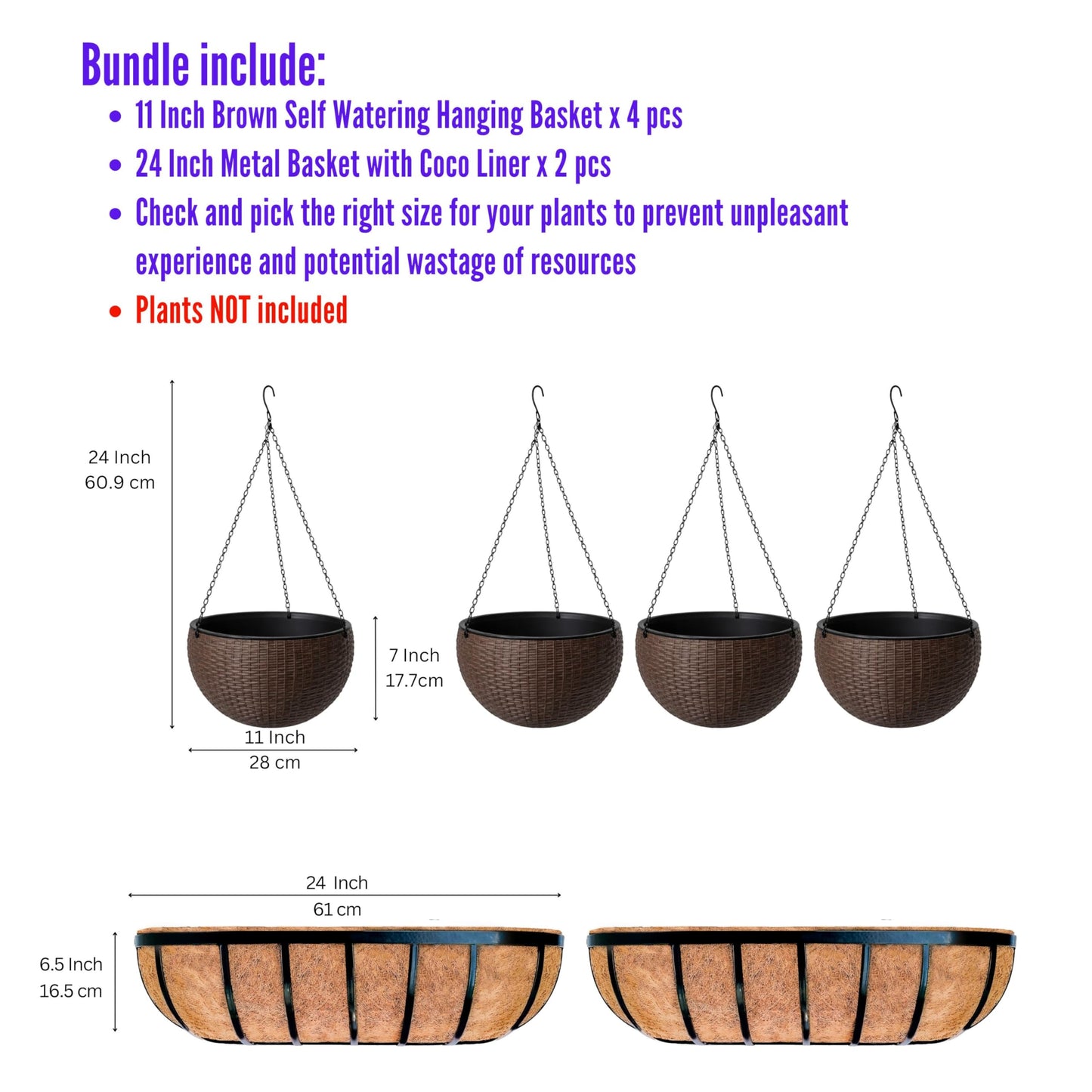 LaLaGreen Bundle- 4 Pack, 11 Inch Self Watering Hanging Basket + 2 Pack, 24 Inch Metal Basket with Coco Liner Wall Mount Fence Rail Planter Round Plastic Flower Pots Balcony Porch Patio Outdoor Garden