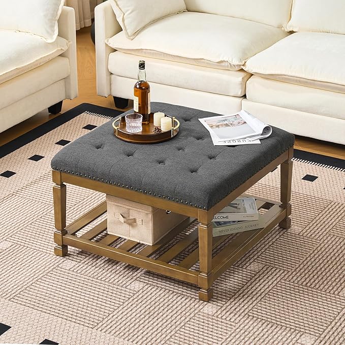 Befurtori Large Square Ottoman Coffee Table, Linen Solid Upholstered Footrest