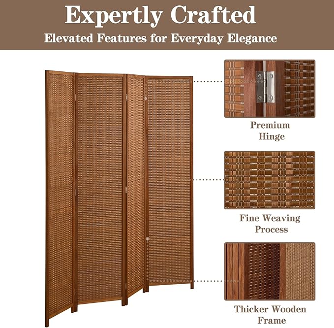 4 Panel Room Divider and Extra Wide Folding Privacy Screen, Bamboo Room Divider