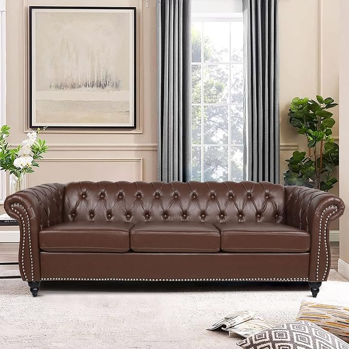 LEVNARY Chesterfield Sofa, Classic Tufted Upholstered Leather Couch, Modern 3