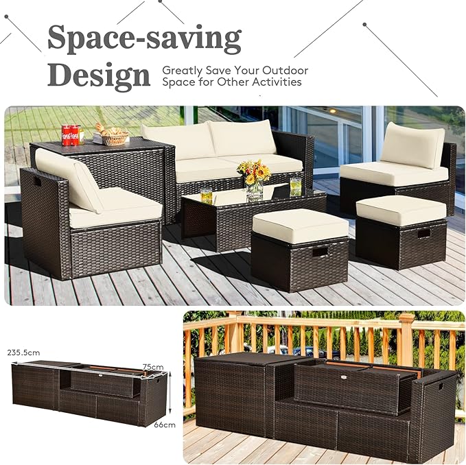 Tangkula 8 Piece Patio Furniture Set, Patiojoy Outdoor Space Saving PE Rattan