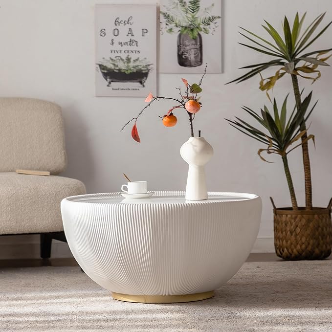 Round Marble Coffee Table 27.56" Bucket Shaped Fluted Coffee Table
