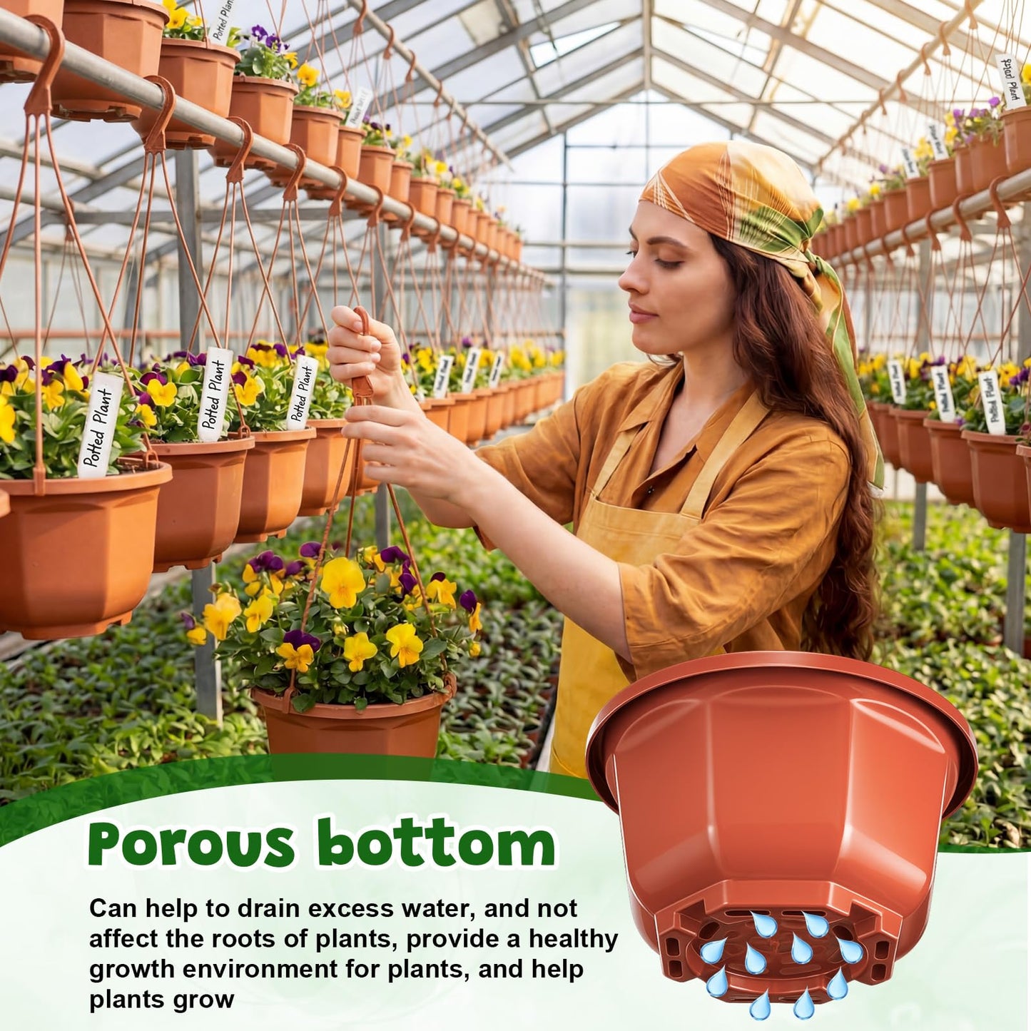 Romooa 200 Pack 5.1 Inch Plastic Hanging Pots Bulk Nursery Hanging Planters with Hooks and Drainage Small Grower Pots for Indoor Outdoor Plants, Garden, Includes 200 Labels(Brown)