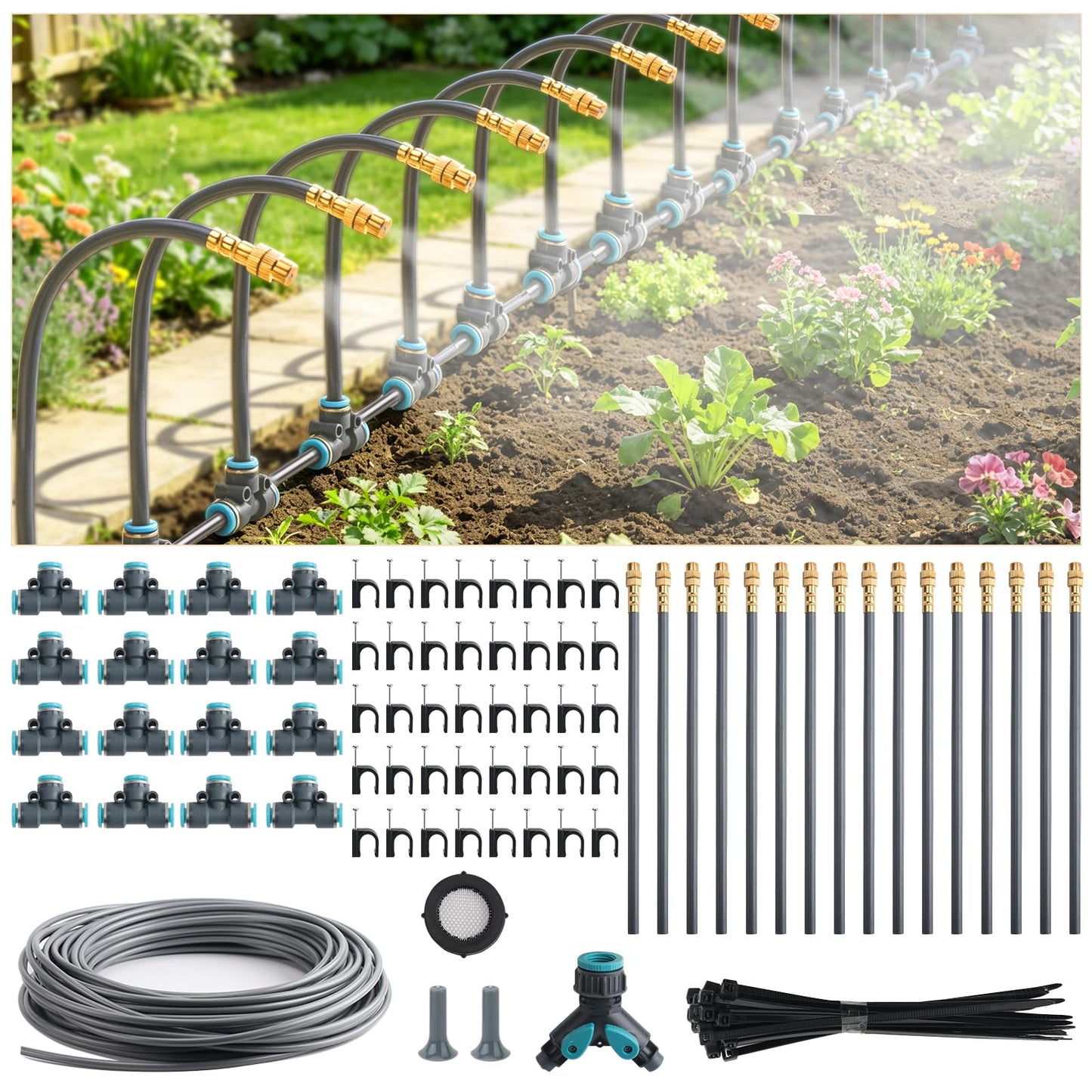 100FT 1/4" Quick-Connect Drip Irrigation System Kit, Automatic Garden Watering System with 16 Pcs Adjustable Spray Nozzles for Garden, Greenhouse, Yard, Lawn