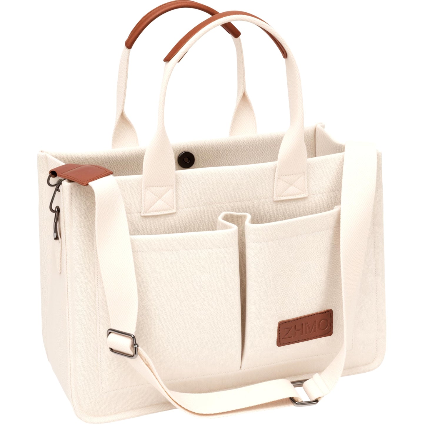 ZHMO Canvas Tote Bag with Compartments, Top Handle and Pockets for Women, Purse Crossbody Laptop Satchels Shoulder Handbags for Work, Book, Travel, Nurse, Church, Gym, Beach, Office, Beige, Large