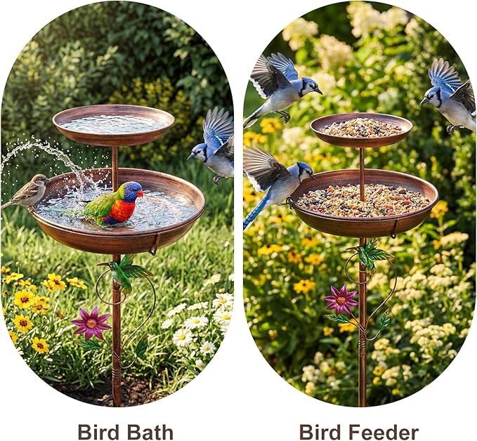 EdenseeLake Double Metal Bird Bath for Outside, 43.8 Inch Upgraded 5-Prong Base Stake Birdbaths Feeder with Detachable Bowls for Outdoors Lawn Patio Yard Garden Decor