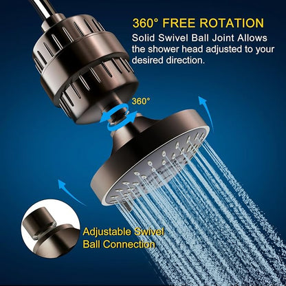 Shower Head and 15 Stage Shower Filter Combo, FEELSO High Pressure 5 Spray Filtered Showerhead with Water Softener Filters for Hard Water Remove Chlorine and Harmful Substances (Oil Rubbed Bronze)