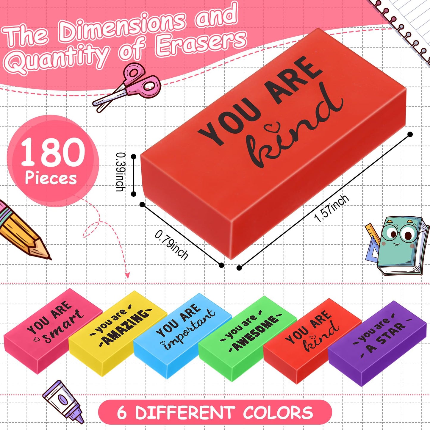 Resurhang 180 Pcs Erasers Bulk for Kids Inspirational Pencil Erasers Bulk for Drawing Motivational Big Eraser School Supplies for Classrooms Back to School Office (Motivational,Multicolor)