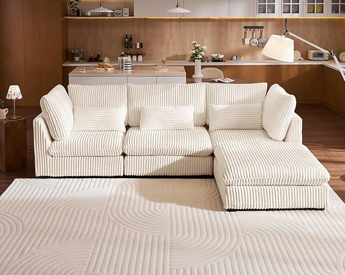 115" Oversized Corduroy Couch Modular Sectional Sofa, Washable Cloud Couch