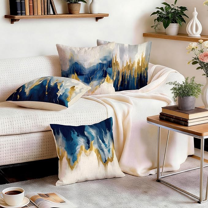 OBSEDE Blue and Gold Abstract Art Decorative Throw Pillow Covers 18 × 18 in