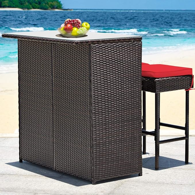 Tangkula Patio Bar Set, 3 Piece Outdoor Rattan Wicker Bar Set