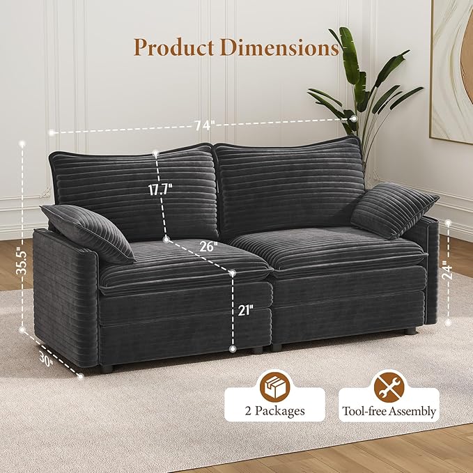 Vesgantti 74" Cloud Couch for Living Room, 2 Seaters Deep Seat Sectional