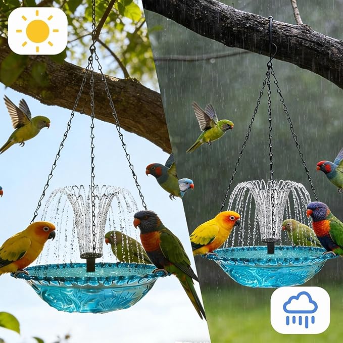 Hanging Solar Bird Bath Fountain with Solars Pump & Bowl & Chains Large Humming Solar Water Fountains with Flowing Water for Outdoor Garden Backyard Patio Lawn(Purple)