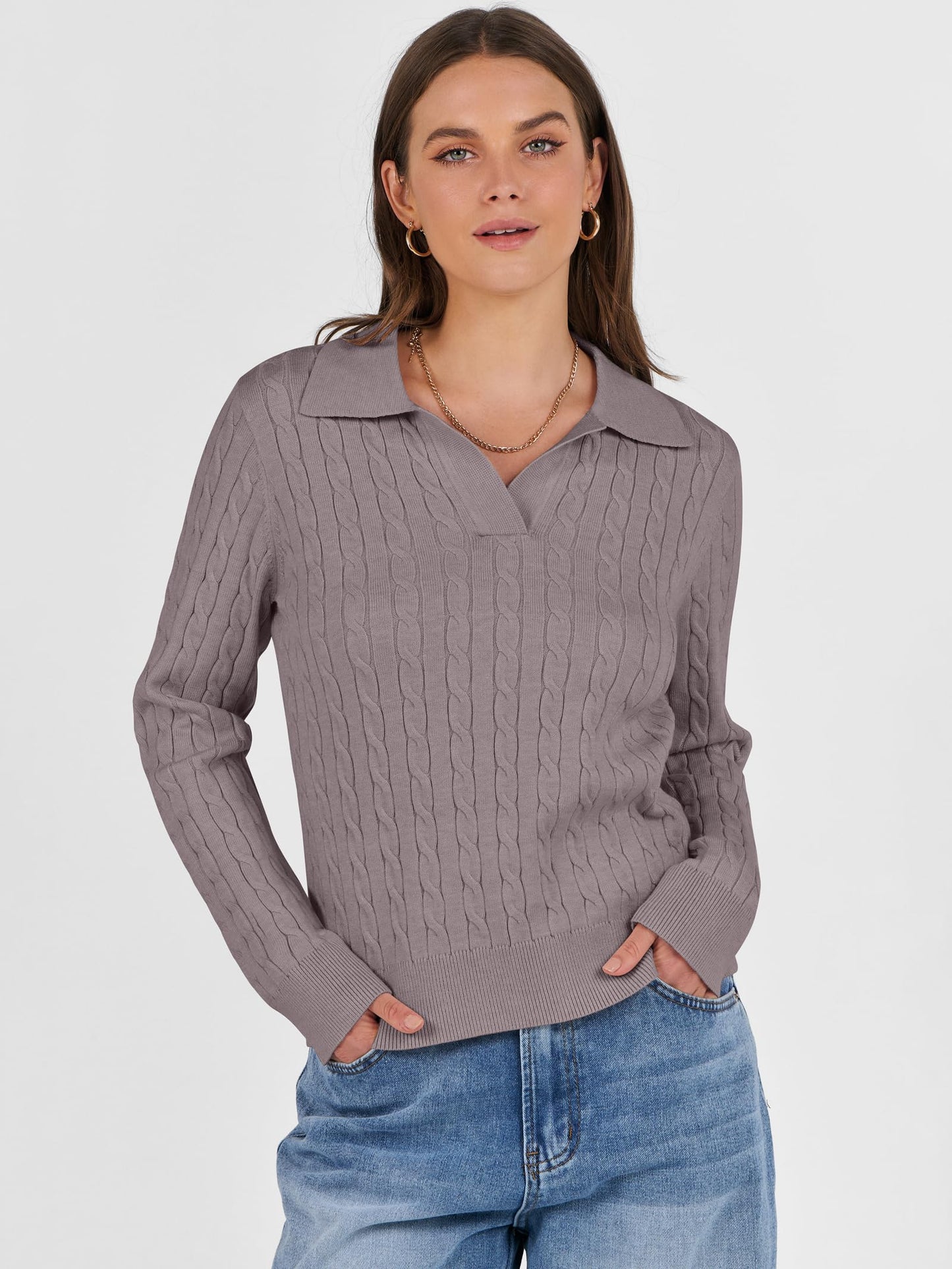 ANRABESS Womens Cable Knit Sweaters Long Sleeve V Neck Sweater Tops Casual Pullover Polo Shirts 2025 Fall Fashion Outfits