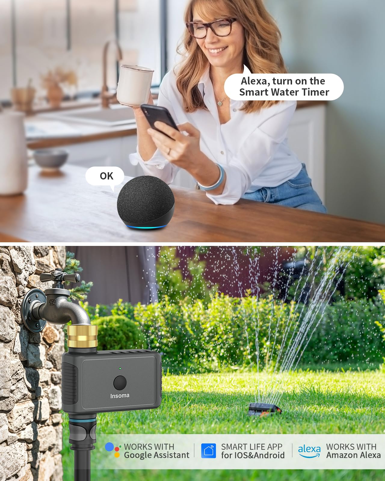 WiFi Water Timer Brass Inlet, 2.4GHz Smart Sprinkler Timers, 1 Zone Hose Timer with WiFi Hub, Voice/App Control with Alexa & Google Assistant, Auto/Manual Watering, Rain Delay, for Garden, Yard, Lawn