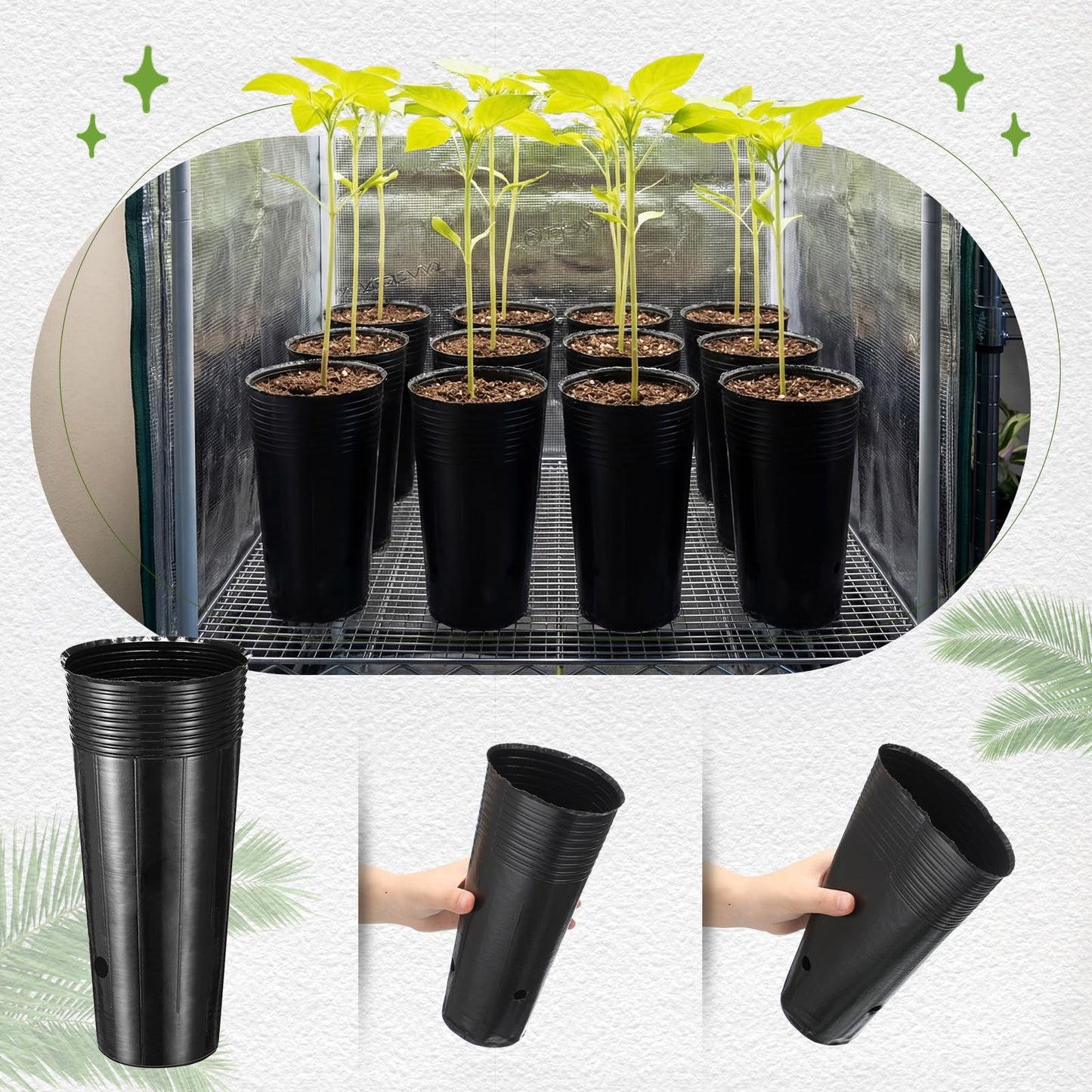 Ferrochef 100 Pack Tall Tree Pot 9.8'' x 4.7'', Black Plastic Deep Nursery Pots, Soft Deep Seedling Pots for Seed Starting, Plant Starter Cups with Drainage Holes for Flowers, Cuttings Transplanting