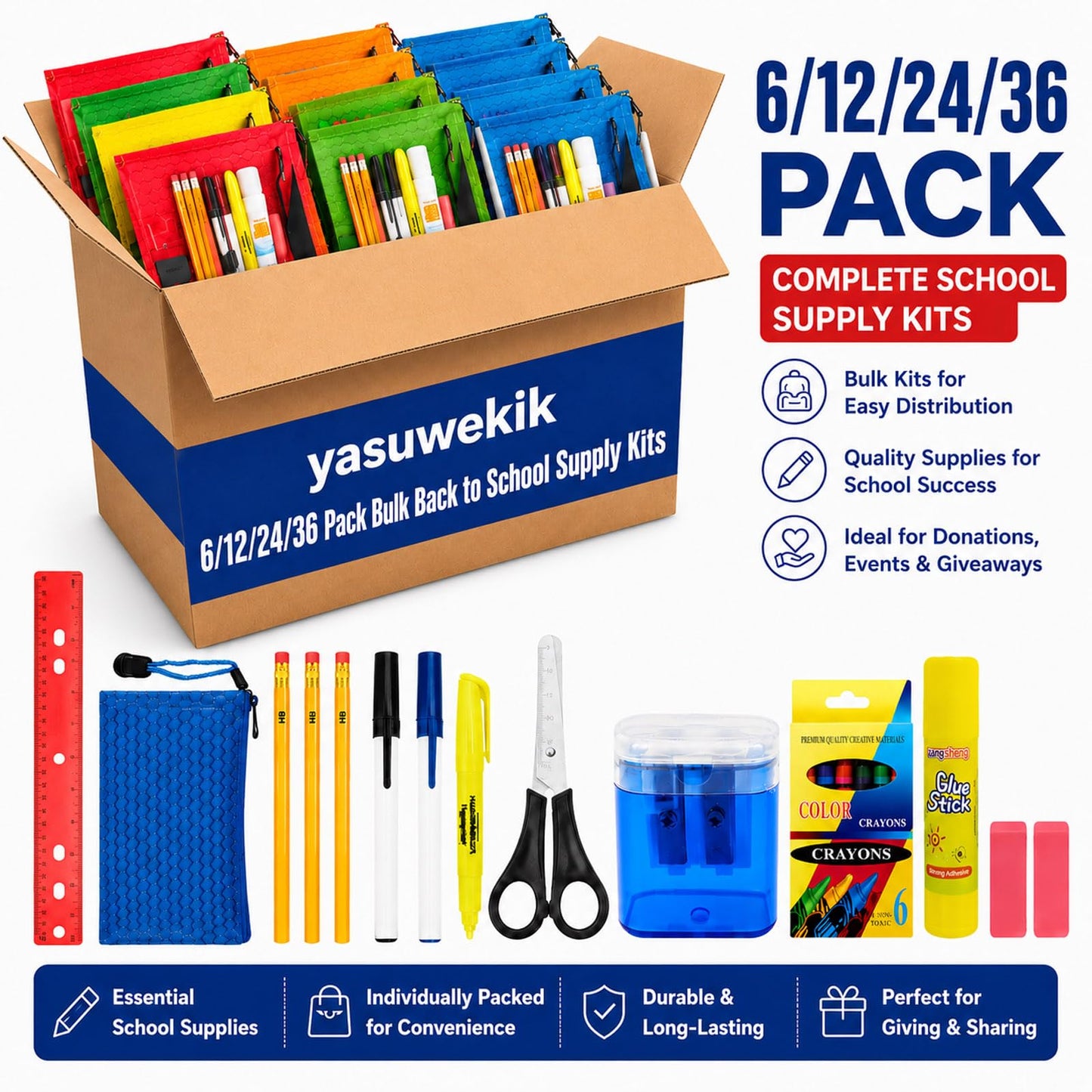 36 Pack School Supplies Bundle Bulk,Individually Wrapped Classroom Kits for Nonprofit Outreach,Community Support,Donation Campaigns and Group Distribution