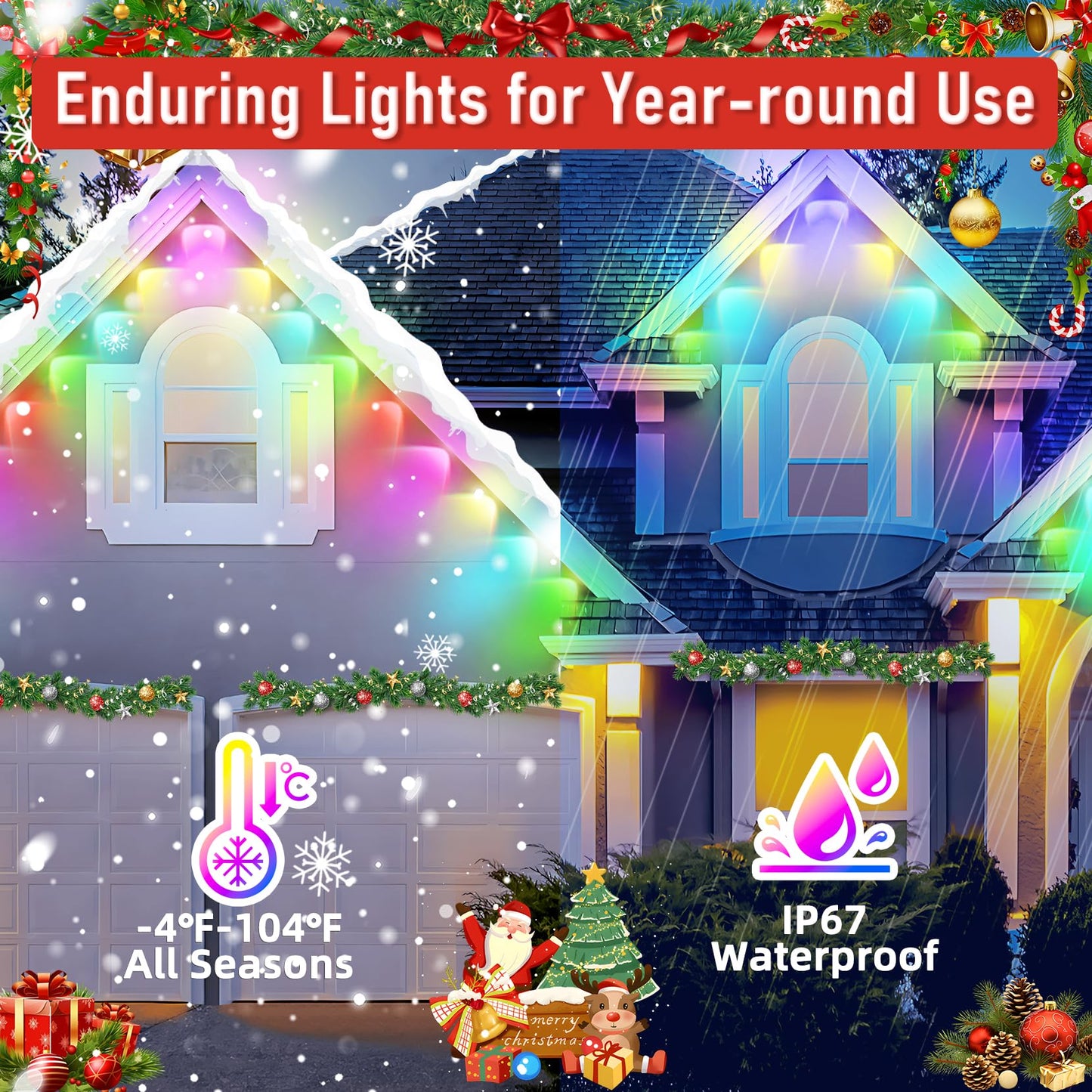 MUCCCUTE Permanent Outdoor Lights for Easter150ft RGB + IC Eaves Lights with App & Remote Control, Outdoor String LED IP67 Waterproof for Holidays New Year July 4th Roof Eaves House Garden Decor