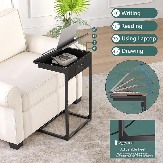 sthmec C Shaped End Table with Charging Station, 45° Tiltable Adjustable Flip