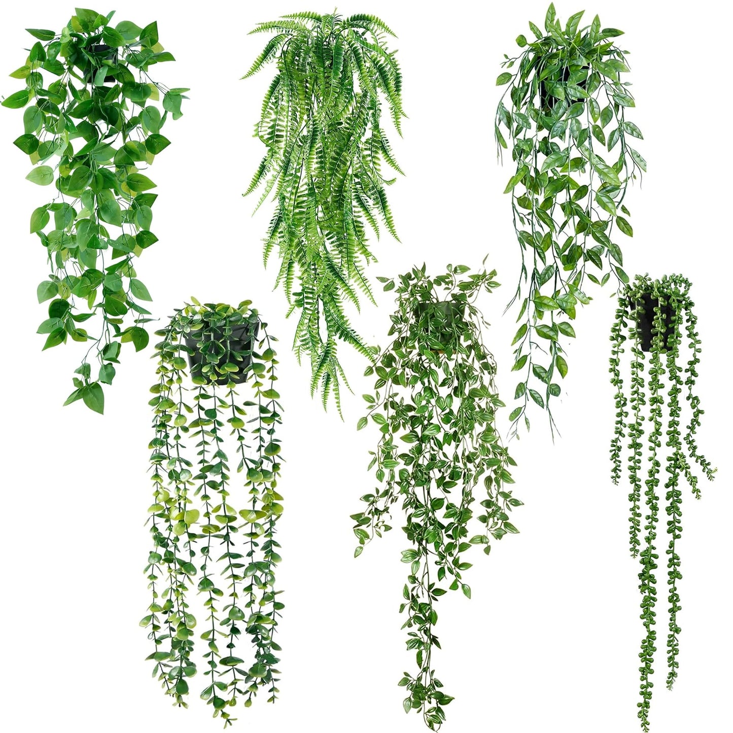 Sggvecsy Fake Hanging Plants 6 Pack Artificial Hanging Eucalyptus Plants Potted Greenery Faux Mandala Vine String of Pearls Boston Fern Ivy Vine Leaves Pea Pod for Home Indoor Outdoor Shelf Wall Decor