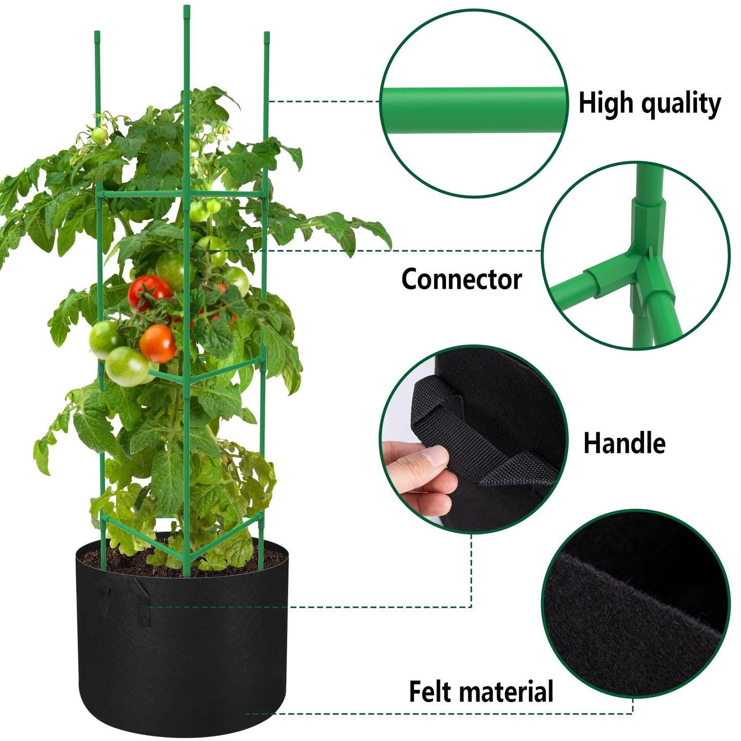 4 Packs 47 x 12 Inch Garden Tomato Cages with Grow Bags- Triangle Plant Support Trellis Assembled with Planter Bags- Garden Cucumber Vegetables Frames for Vertical Climbing Plants