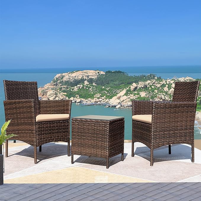 Greesum 3 Pieces Patio Furniture Sets Outdoor PE Rattan Wicker Chairs