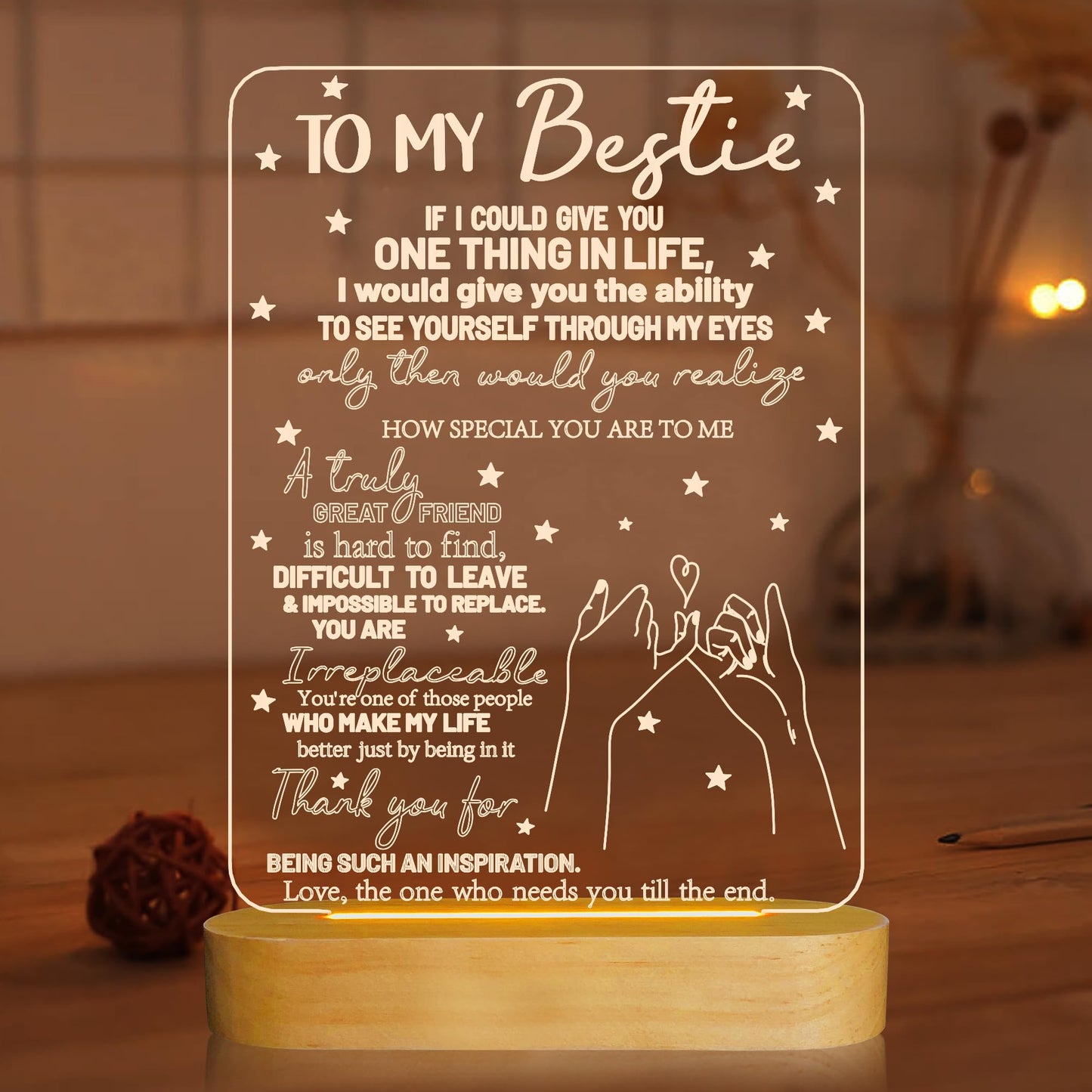 to My Bestie Gifts, Best Friend Gift for Women 3D Illusion Lamp, I Love You Friends Night Light for BFF Christmas White Elephant Gifts, Soft Warm Color Wooden Table Lamp