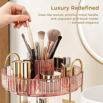 360° Rotating Makeup Organizer, Upgraded 3 Tier Skincare Perfume Organizers for Women, Bathroom Organizer Countertop, Clear Cosmetic Dresser Organizer with Makeup Brush Holder Counter(Clear Pink)