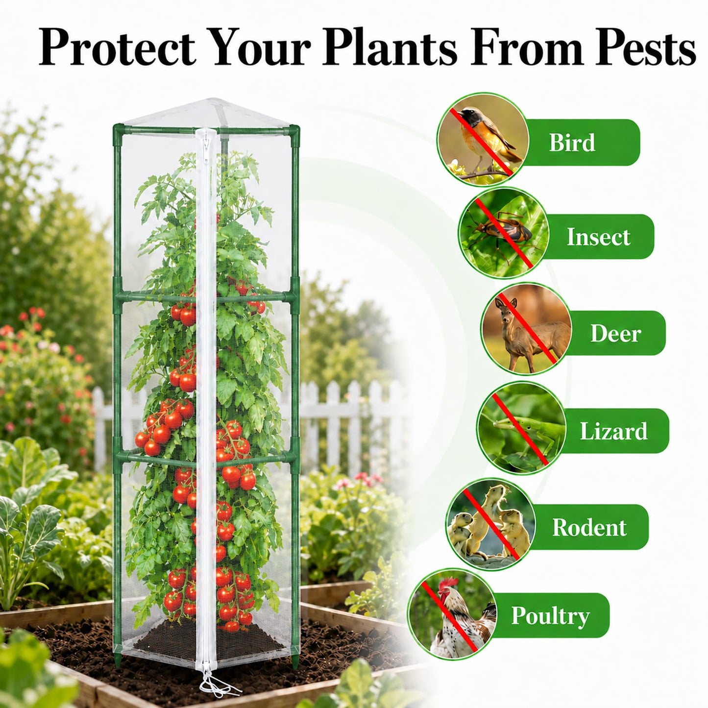 Halatool Garden Tomato Plant Cover Netting, Fits 55–72" Tall Tomato Cages, Garden Bird Netting with Zipper & Drawstring, Insect Barrier, Plant Covers from Insects Animals, 2 Pack, 61"×15.7"