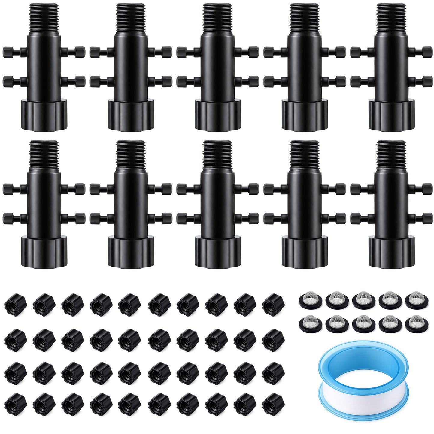 Gulfmew 10 Pack 4 Port Drip Irrigation Manifold with Filter, Drip Irrigation Riser Adapter, Watering Manifold for Gardening Systems, 1/2" Female Pipe Thread x 1/2" Male Pipe Thread x 1/4" Barbed End