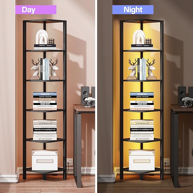 TUTOTAK Corner Shelf with LED Light, 6-Tier Corner Bookshelf