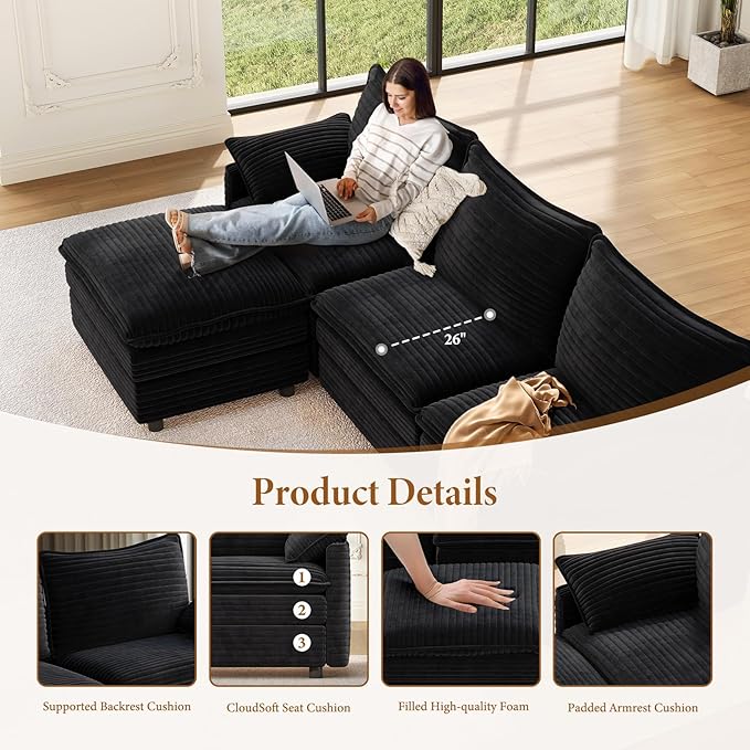 Vesgantti 108" Cloud Couch for Living Room, Deep Seat Sectional Modular Sofa