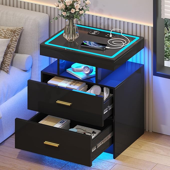 LED Nightstand with Wireless Charging Station, Glass Top Smart Bedside Table