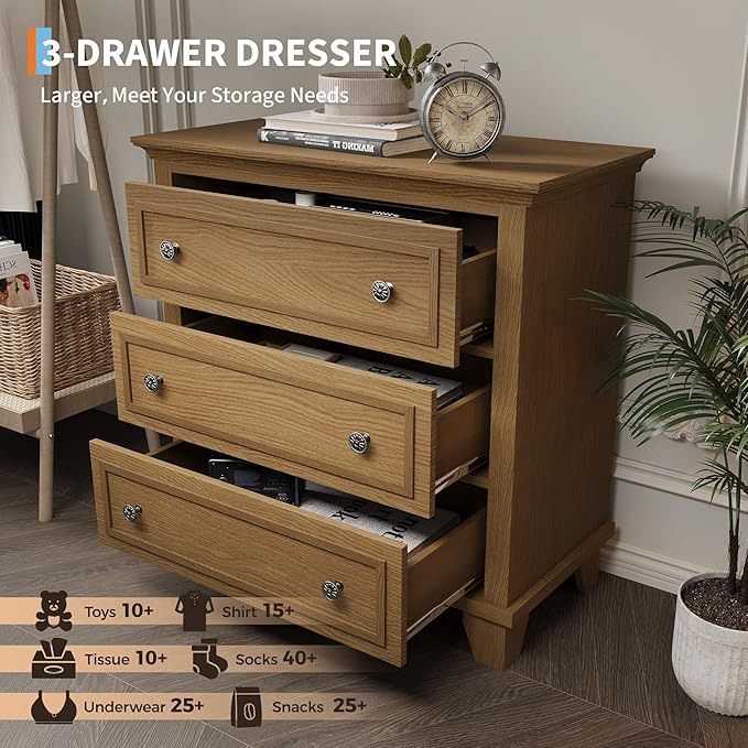 IDEALHOUSE 3 Drawer Dresser, Wooden Storage Chest of Drawers