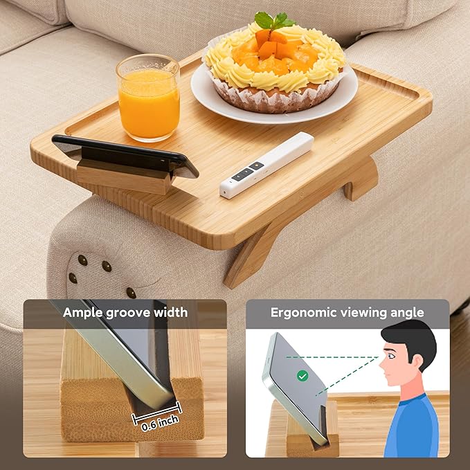 SINWANT Couch Arm Tray, Bamboo Sofa Clip on Side Table, Foldable Couch Armrest
