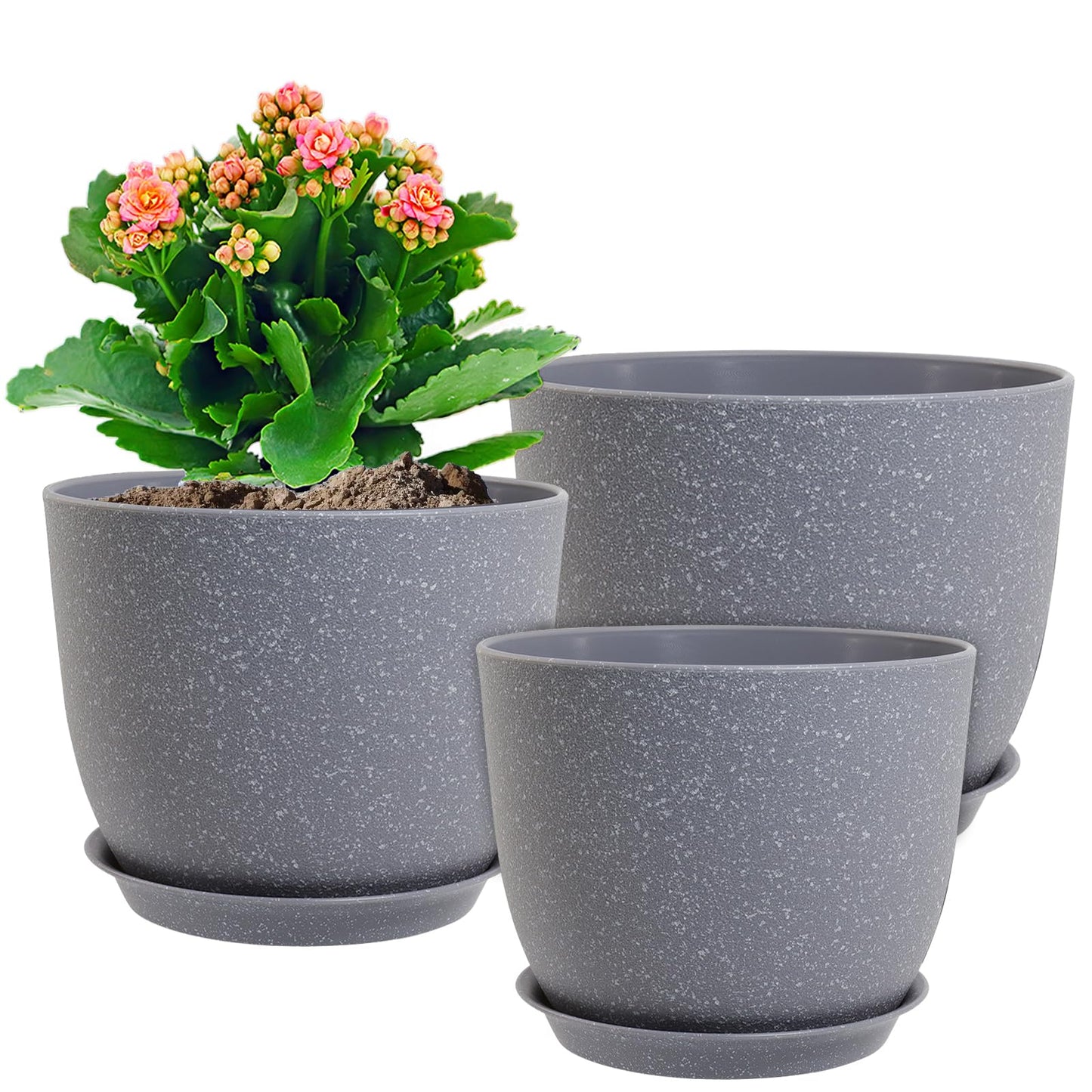 WSMKSZ 10/9/8 inch Plant Pots, Set of 3 Modern Decorative Plastic Planters with Drainage Holes and Saucers for Garden House Plants, Flower Pots for Indoor Outdoor Plants, Speckled Grey