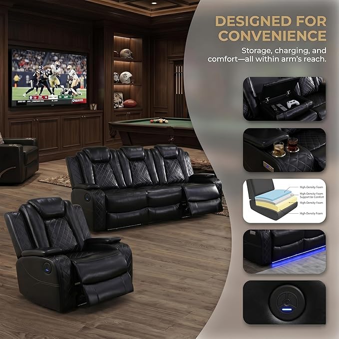 2 Piece Power Recliner Sofa Set -2 Loveseats, Electric Reclining Living Room