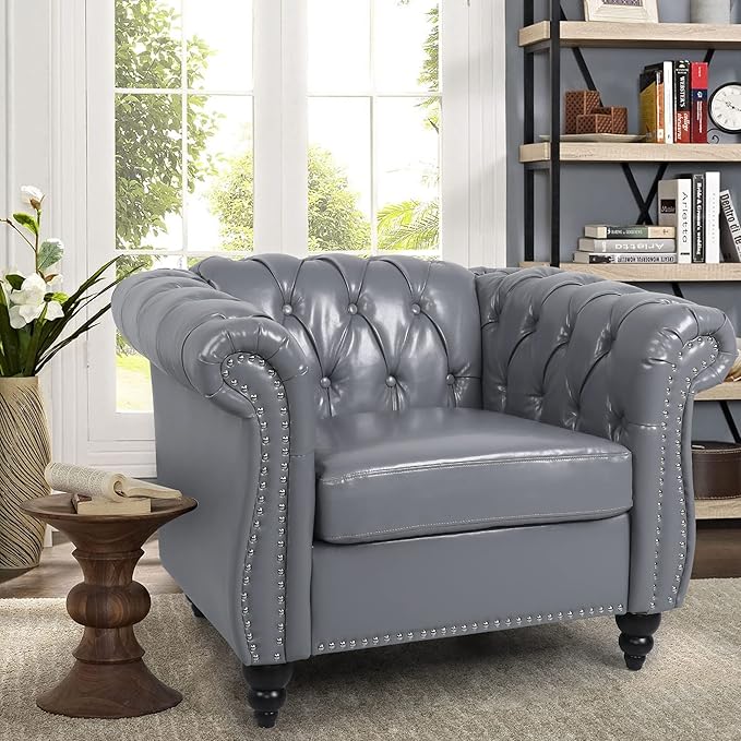 LEVNARY Leather Upholstered Armchair, Mid-Century Modern Single Sofa Chair