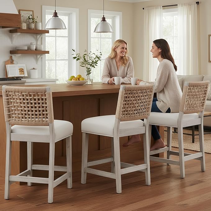27" White Bar Stools for Kitchen Counter, Mid Century Linen Fabric Counter