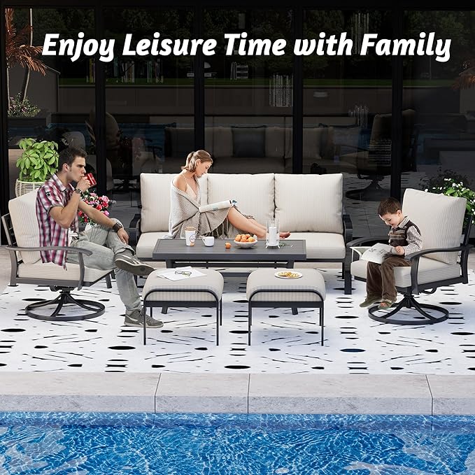 HOMREST Patio Furniture Sets 7 PCS Outdoor Metal Conversation Sets, 360 Degree