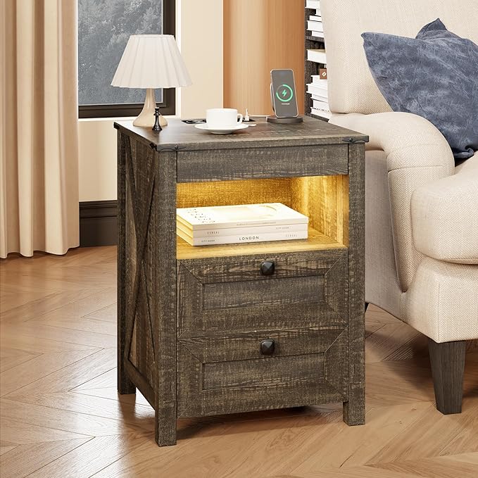 HWB LED Nightstand with Gun Drawer: Bedside Table with Charging Station