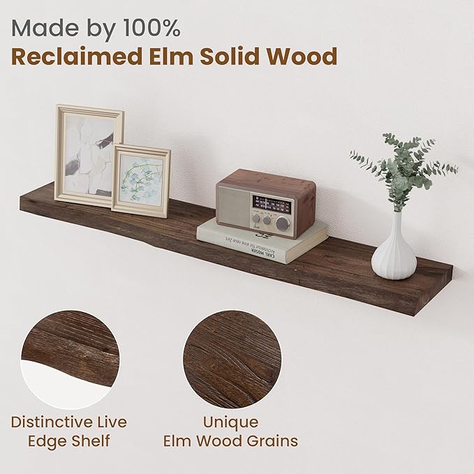Floating Shelves for Wall Decor, Rustic Solid Elm Wood Live Edge Floating