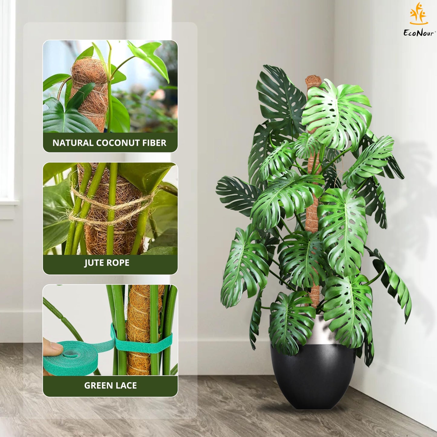 EcoNour 2 Pack Moss Poles for Plants – 28" Monstera Plant Support Stakes, Coir Plant Sticks for Indoor Climbing Plants, Pothos, Philodendron & Houseplants