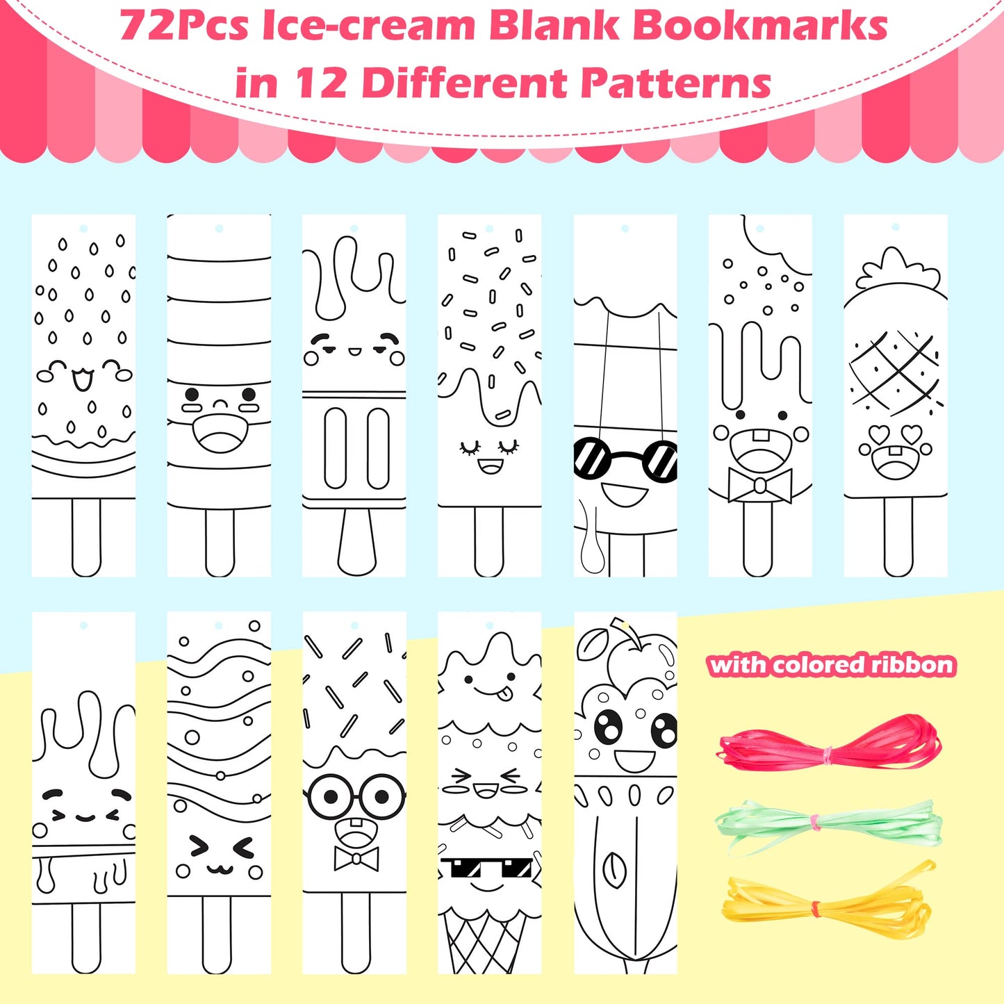 75Pcs Ice Cream Color Your Own Bookmarks for Kids Summer Ice Cream Theme DIY Coloring Blank Bookmark Classroom Art Craft Supplies for Teachers Students Birthday Gift Party Reward Goodie Fillers