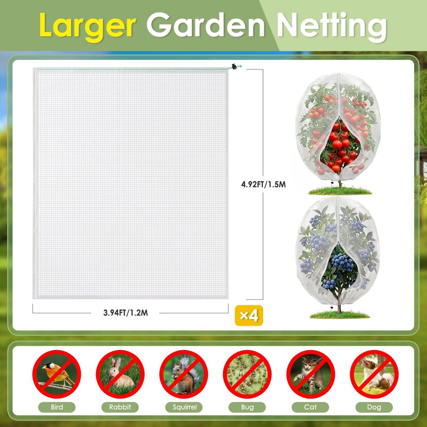 4PCS Insect Bird Barrier Mesh with Zipper Drawstring, Blueberry Bush Netting Cover Insect Bird Netting Tomato Protective Cover Garden Mesh Netting for Vegetables, Fruits, Trees, 3.94Ft x 4.92Ft