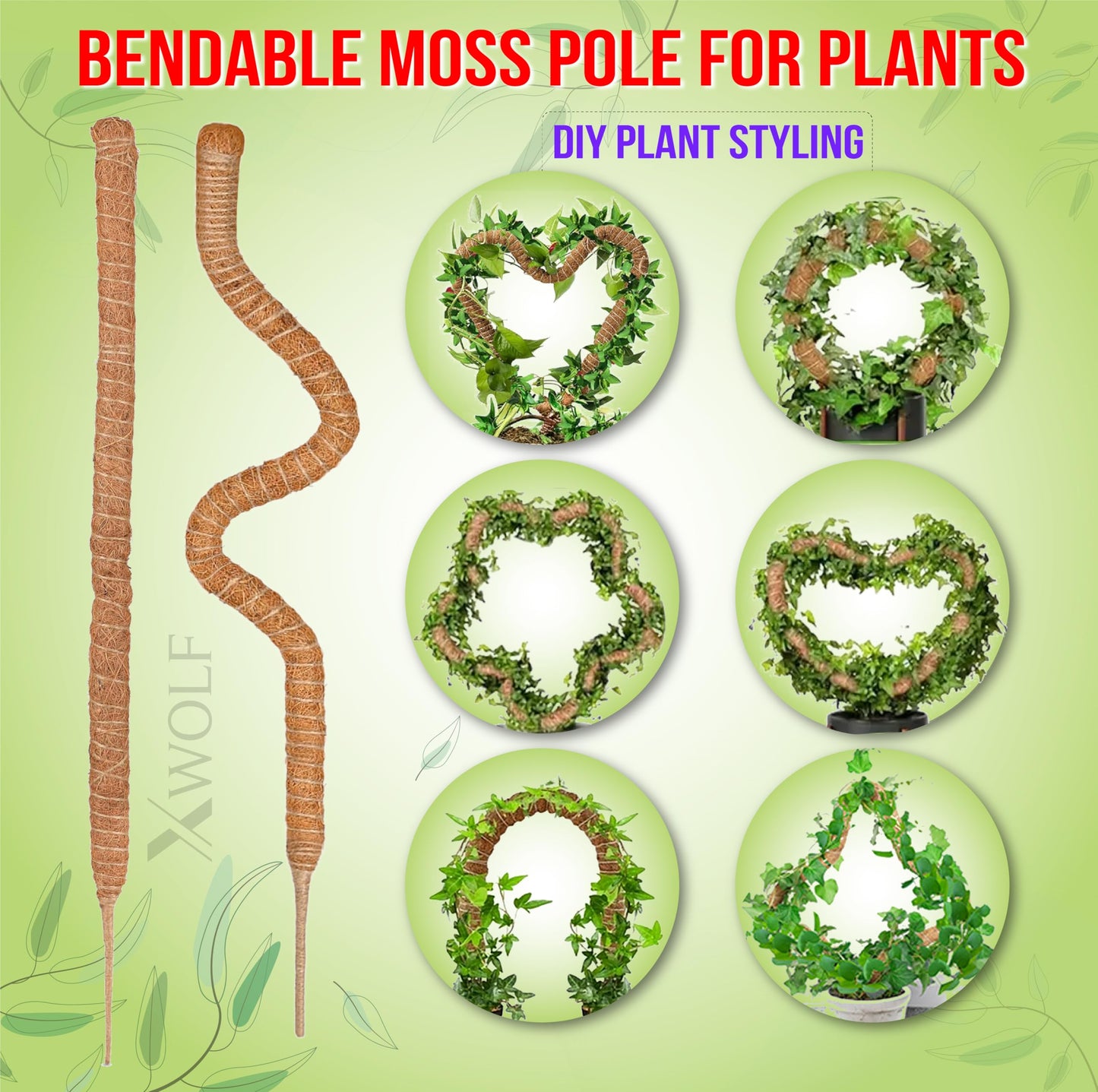 2 Pack 48 Inch Bendable Moss Pole Monstera Plant Support for Climbing Indoor Plants, Tall Coir Plant Pole Sticks & Plant Stakes for Pothos, Philodendron & Potted Plants, Includes Plant Ties