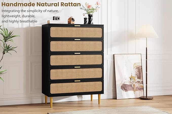 GarveeHome Rattan 5 Drawer Dressers